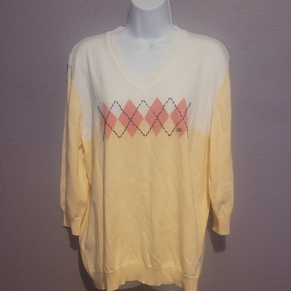 Van Heusen Women's V-Neck Sweater - Cream and Peach Argyle